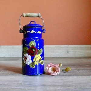 Vintage Blue Enamel Milk Can with Hand Painted Floral Design and Wooden Handle, Farmhouse Folk Art Kitchen Decor