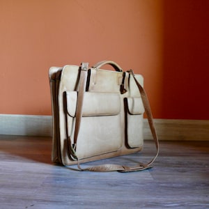 Brown Leather File Portfolio Briefcase, Distressed Tan Leather Messenger Bag with Shoulder Strap, Vintage Volare Italy Leather Laptop Case