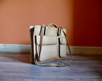 Brown Leather File Portfolio Briefcase, Distressed Tan Leather Messenger Bag with Shoulder Strap, Vintage Volare Italy Leather Laptop Case