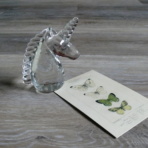 Clear Art Glass Unicorn Figurine Paperweight, Vintage 4&quot; Blown Glass Unicorn Head Sculpture, Magical Unicorn Gift