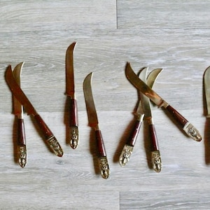 8 Siam Sitting Buddha Brass Dessert Knives with Rosewood Handles, Curved Point Tea Knife, Vintage Thailand Brass Flatware Dessert Serving