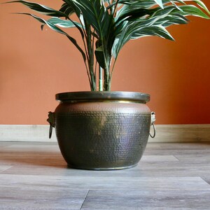 Vintage Brass Foo Dog Planter, Large Hammered Cachepot with Ring Handles