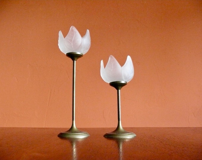 2 Graduated Frosted Glass Flower Candle Holders With Brass Bases