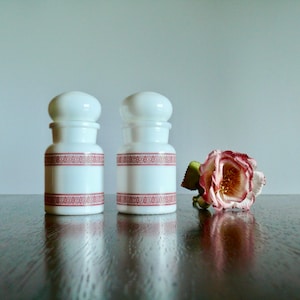 2 White Milk Glass Bubble Lid Apothecary Jars with Red Border, Vintage Storage Containers Made in Belgium, Country Farmhouse Decor