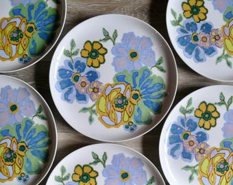 Noritake Hawaiian Holidays Dinner Plates, Set of Six, Vintage 1970s Bright Floral China
