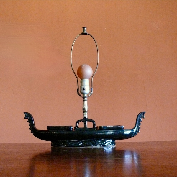 Vintage Black Ceramic Gondola TV Lamp with Two Planter Inserts, 50s Ceramic Boat Shaped Radio Lamp, Mid Century Mod Accent Lighting Decor