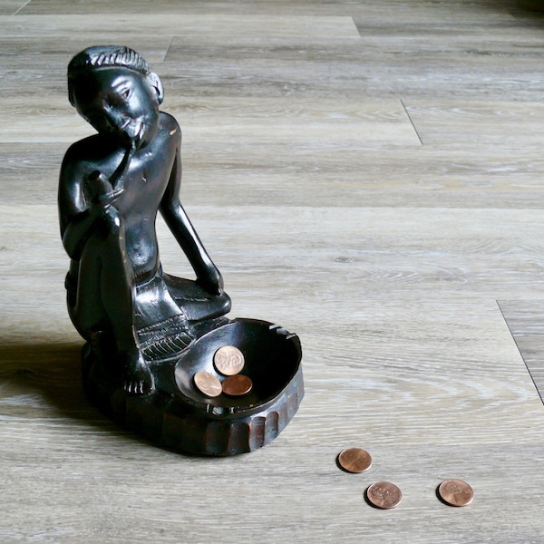 Carved Wood Figure Smoking a Pipe Ashtray Trinket Dish, Vintage 8" Wood Tribal Statue, Vintage African Art Desk Accessory Shelf Decor