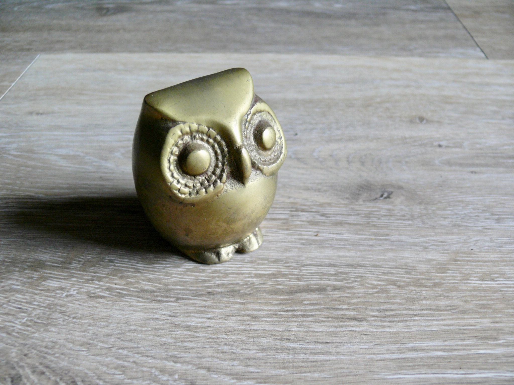 Vintage Brass Owl Figurine, Big Eye Paperweight Totem, Boho Desk Shelf Decor
