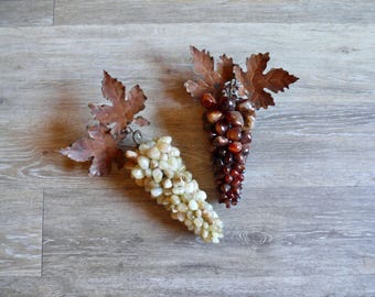 Natural Stone Grape Clusters, Set of Two, Vintage Agate Quartz Fruit Decor with Copper Leaves