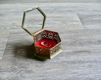 Metal Hexagon Jewelry Box with Glass Lid, Vintage Ring Casket with Red Velvet Pillow