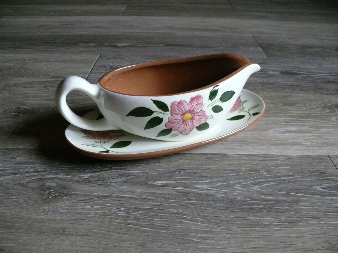 Stangl Wild Rose Gravy Boat With Under Plate, Pink Flowers and Green