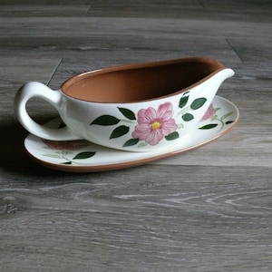 Stangl Wild Rose Gravy Boat with Under Plate, Pink Flowers and Green Leaves on White, Vintage Farmhouse Pottery Dinnerware