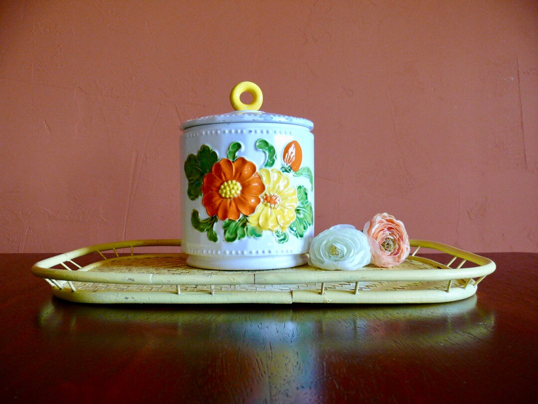 Ceramic Poppy Cookie Jar Canister Stash Jar Made in Japan, White With
