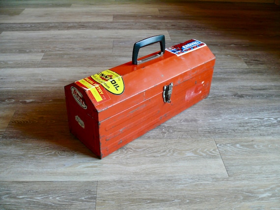 Old Red Metal Tool Box With 70s Motorcycle Dirt Bike Stickers