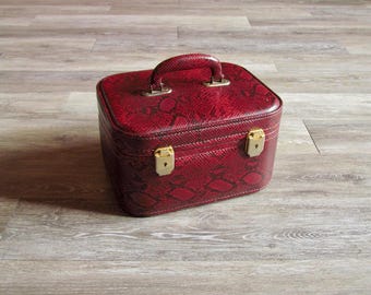 Oxblood Faux Snakeskin Train Case, 1970s Rosenthal Makeup Jewelry Travel Luggage