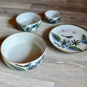 Hand Painted Tonala Style Pottery Snack Set, 3 Graduated Nesting Bowls & Serving Platter Blue Bird Butterfly Mexican Artisan Art Pottery