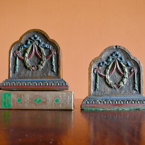 Old Carved Solid Wood Bookends with Painted Wreath Design, Handcrafted Artisan Wooden Bookends Rustic Library Office Decor