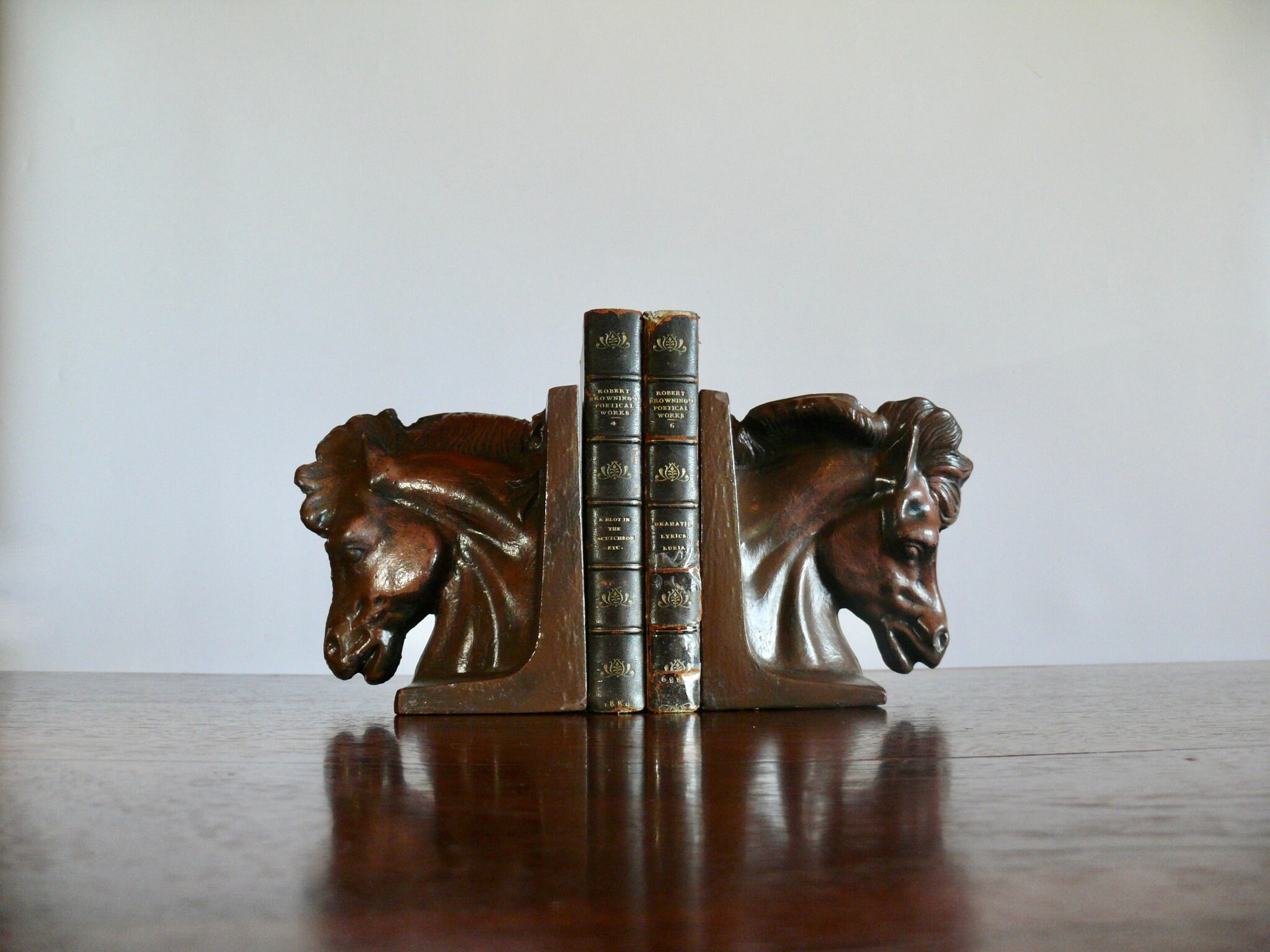 Vintage Plaster Horse Head Bookends, Antiqued Brown Plaster 