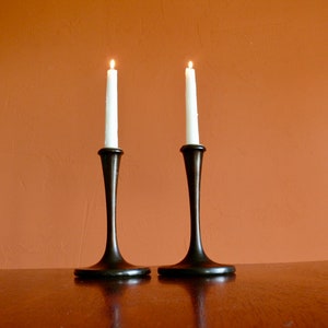2 Solid Wood Taper Candle Holders with Tulip Bases, Vintage Dark Wood Centerpiece Candlestick Holders, Outdoor Dining Mantel Decor