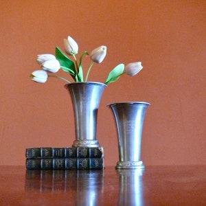2 Engraved &#39;55 Pewter Skiing Trophy Cups Made in Sweden, Vintage Svenskt Tenn Stockholm Award Tumbler Vases, Shelf Mantel Desk Decor