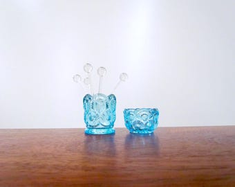 Moon and Star Light Blue Glass Toothpick Holder and Salt Cellar, Vintage LE Smith Glassware