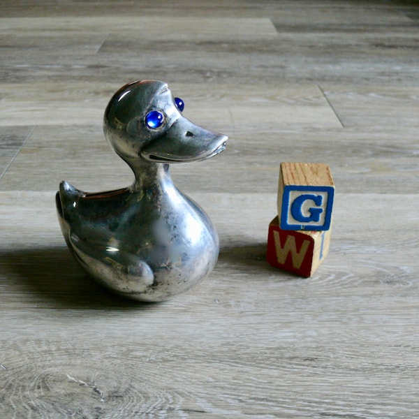 Vintage Silver Rubber Ducky Coin Bank with Blue Glass Eyes, Metal Duck Figurine Made in Denmark, Baby Shower Cake Topper Nursery Decor