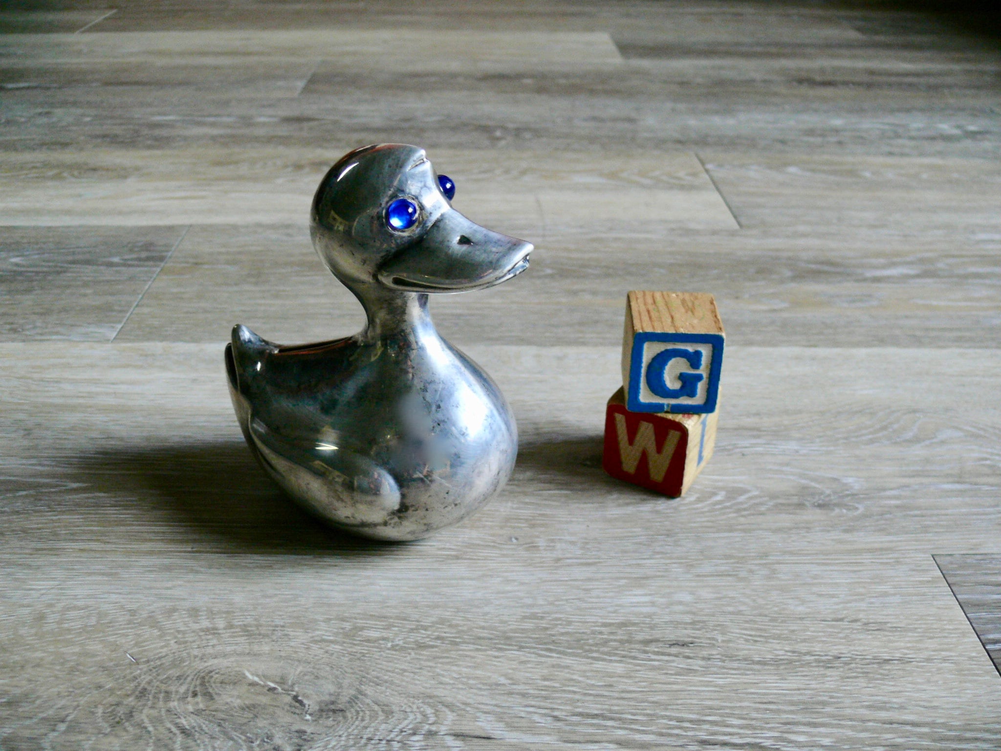 Vintage Silver Duck Coin Bank With Blue Glass Eyes, Made in