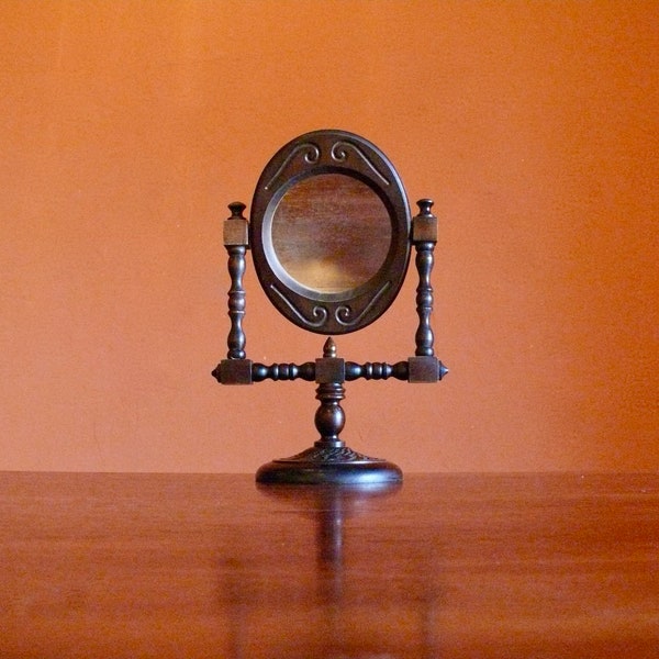 Hand Carved Wood Swivel Mirror, Rustic Table Top Shaving Makeup Vanity Mirror, Folk Art, Country Farmhouse Decor