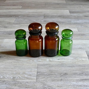 4 Green and Brown Glass Bubble Lid Jars, Made in Belgium, Vintage Herb Spice Apothecary Jars, Powder Room Kitchen Shelf Containers