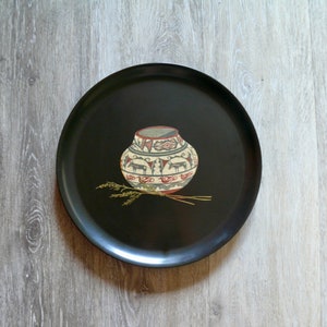 Couroc Inlaid Native Pottery Tray, Vintage 10&quot; Round Decorative Catch-All Tray, Artisan Made Monterey CA Barware, Southwestern Pottery Decor