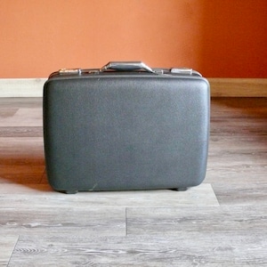 Black Charcoal Tiara American Tourister Suitcase with Gray Satin Lining, Vintage Hard Shell Stacking Luggage, Black Travel Wedding Decor