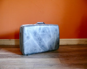 American Tourister Marbled Blue Gray Suitcase, Retro 24" Hard Side Luggage, Wedding Card Case, Vintage Storage Luggage Decor