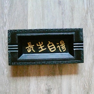 May include: Black rectangular tray with a decorative border and gold lettering that reads "真生自由".