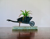 Small Black Cast Iron Wheelbarrow Planter, Vintage 9 quot Old Fashioned Wheelbarrow Figurine with Turning Wheel, Front Porch Garden Decor