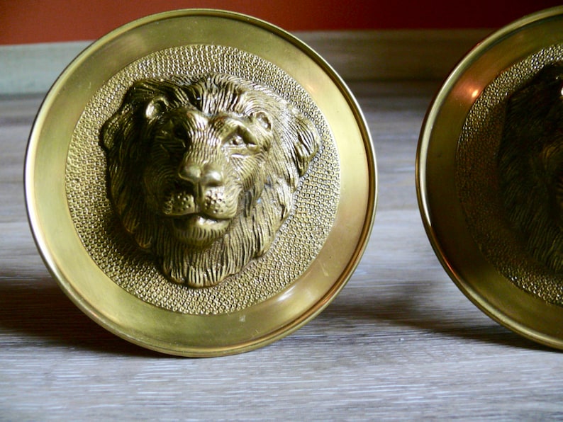 2 vintage Brass Lions Head Medallion Curtain Tie Backs Etsy