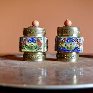 2 Chinese Brass Opium Snuff Jars with Enameled Cloisonne Inlay, Vintage Brass Tobacco Stash Boxes, Boho Desk Shelf Decor