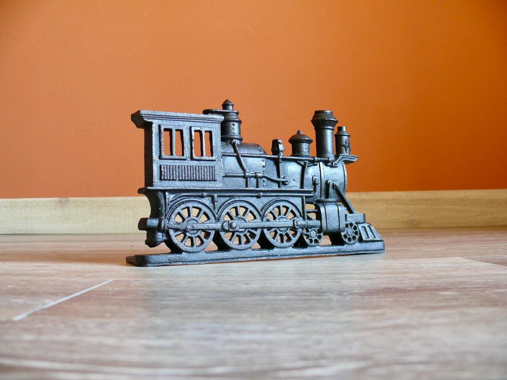 Vintage Cast Iron Train Doorstop, Black Metal Locomotive Kids Room Bookend Or Shelf Decor