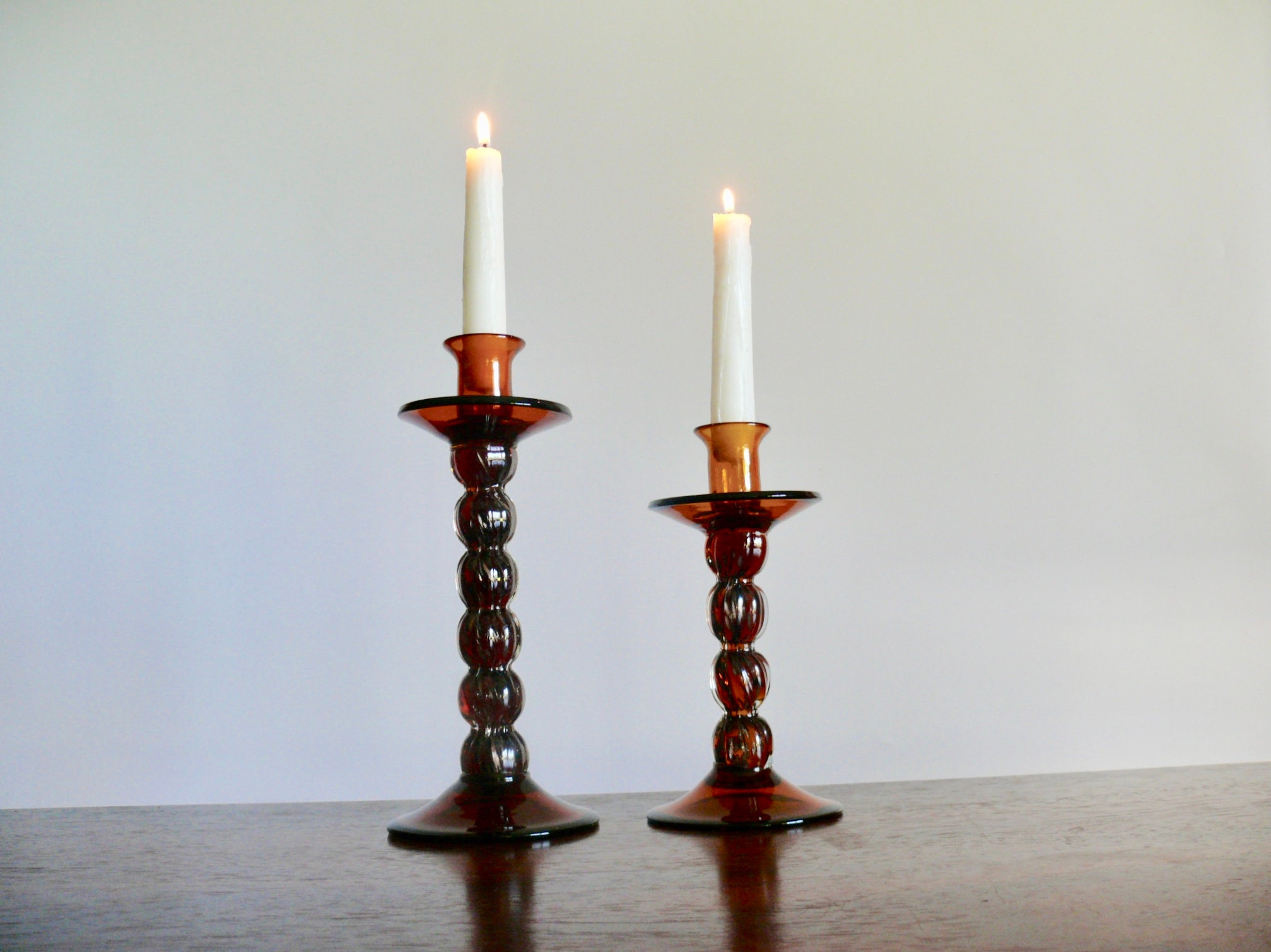 2 Amber Blown Glass Taper Candle Holders Matching Graduated - Etsy UK