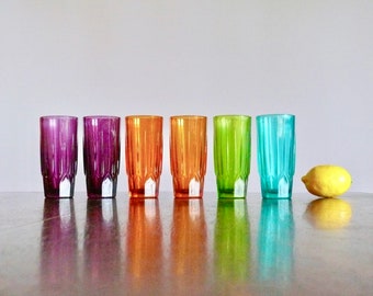 6 Jewel Toned Pasabahce Tumblers, 10oz Orange Green Blue Purple Highball Cocktail Glasses, Made in Turkey, Vintage Rainbow Glass Barware