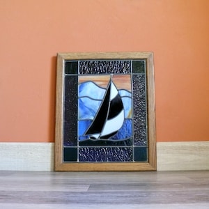 Vintage Wood Framed Stained Glass Sailboat Panel, Vertical 20&quot; Sailing Ship Sunset Window Sun Catcher, Lake House Window Wall Decor