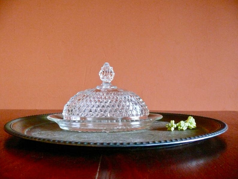 Oval Glass Diamond Point Domed Butter Dish Vintage Indiana Etsy