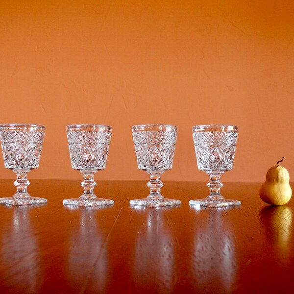 4 Imperial Cape Cod Clear Wine Glasses with Square Bases Wafer Stem, Vintage Country Farmhouse Barware