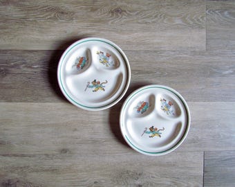Vintage Walker China Child's Plates, Set of Two, Skating Circus Animals, 1950s Restaurant Ware