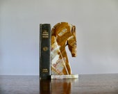 Single Large Carved Stone Knight Horse Bookend, Vintage 11&quot; Marble Chess Piece Horse Head Doorstop, Library Bookshelf Mantel Display Accent