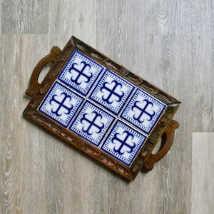 Carved Wood Serving Tray with Blue Mexican Tile, Vintage 19&quot; Rectangle Hand Painted Blue on White Tile Plant Tray, Rustic Front Porch Decor
