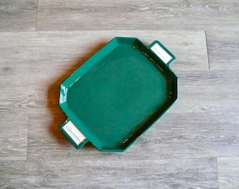 Tileware Forest Green Ceramic Serving Tray, Vintage Oroshco Handled Appetizer Platter