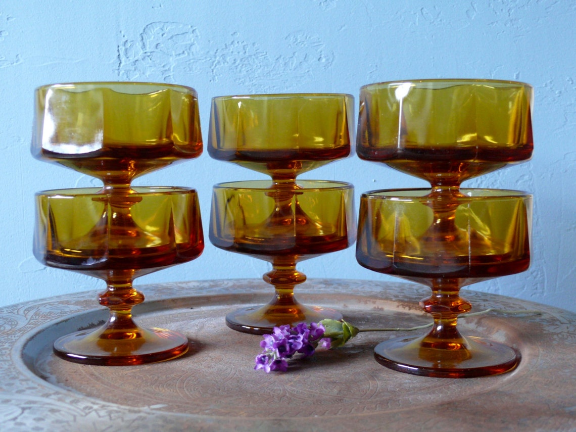 6 Vintage Amber Glass Pedestal Dessert Dishes Sherbet Bowls Etsy