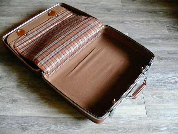 American Tourister Rust Brown Suitcase With Plaid Interior Vintage Tri Taper Hard Shell Stacking Luggage 50s Businessman Travel Decor Etsy