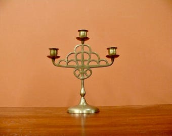 Solid Brass Geometric Three Arm Candelabra, Vintage Boho Candle Holder