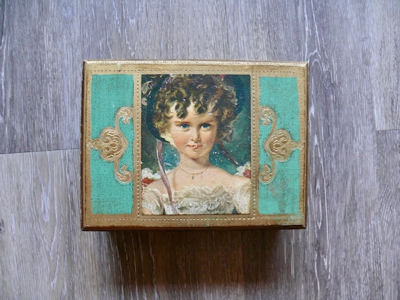Vintage Florentine Musical Jewelry Box, Green Gol… - image 1
